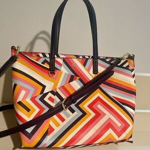 Tory Burch Red and Orange Geometric Tote